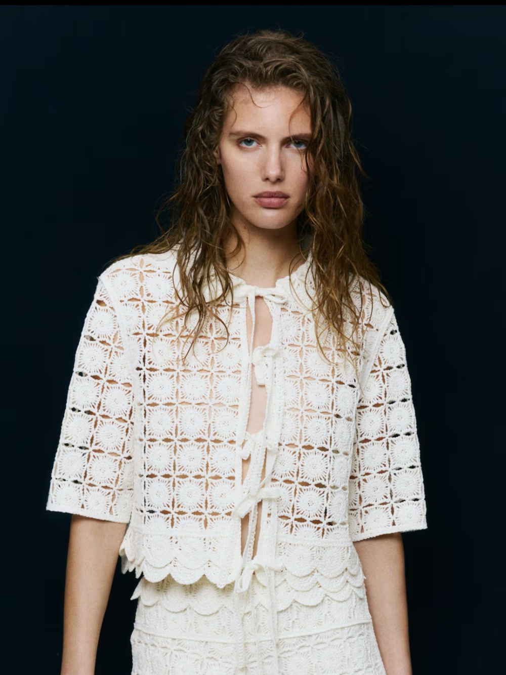 NWOT Tie-Front Crochet-Look Shirt